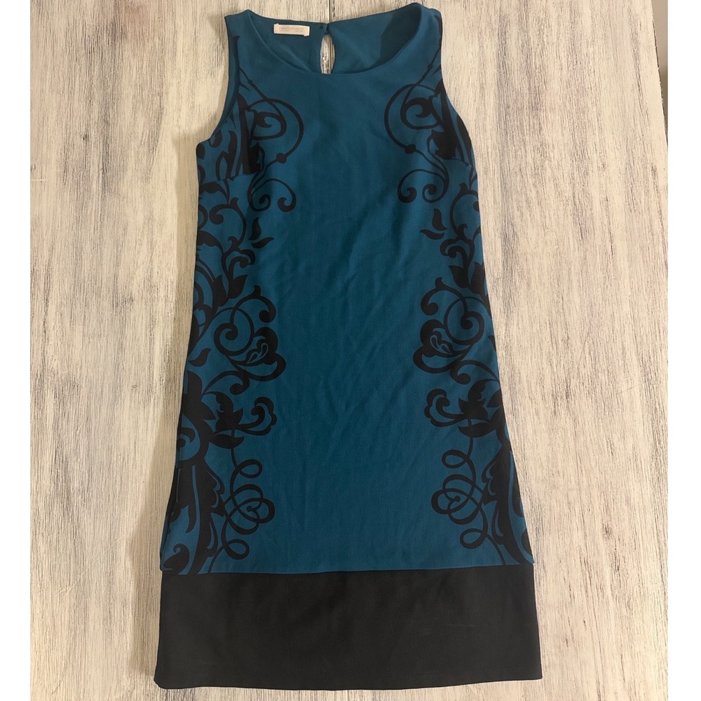 Promod‎ Womens Teal Black Scroll Print Sleeveless Shift Mini Dress Size Small